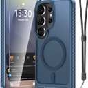 2 x Janmitta Magnetic for Samsung Galaxy S26 Ultra/S25 Ultra Case Built in Invisible Kickstand,with Screen Protector+Wrist Strap,Fit for MagSafe,Translucent Slim Translucent Matte Phone Cover,Navy Blue
