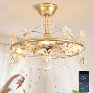 Depuley Bedroom Ceiling Fan with Lights: 20" Gold Chandelier Small Fan with Remote Control - Modern Flower Fandelier for Girl's Bedroom Living Room Kitchen