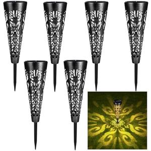 Pearlstar Solar Lights Outdoor Garden Decorative Pathway Lights Waterproof Unique LED Solar Stake Lights for Patio Yard Walkway Driveway Landscape Decor, Conical, Warm Lights, Black-6pack