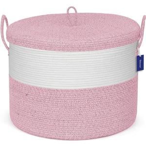 21" X 18" Extra Large Storage Baskets, Eco-Friendly Decorative Blanket Basket With Lid For Living Room, Rope Baskets With Lid, Wicker Hamper For Bedroom, Big, Round, Pink 115L