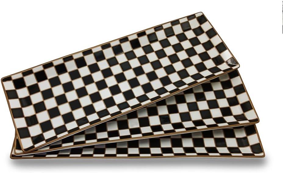 Porlien 14-inch Checker Black and White Rectangle Serving Platters Set of 3 for Party, Wedding and Entertaining, Rectangular Serving Plates, Serving Tray for Dinner, Appetizers and Desserts