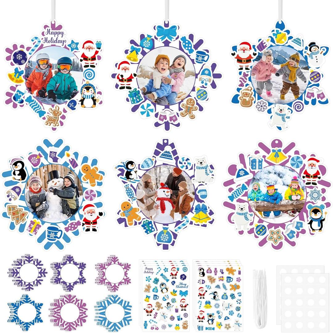 24 PCS Winter Picture Frame Ornaments Paper Christmas DIY Photo Frame Craft Set Hanging Decorations For Christmas Tree Decor (Snowflake)