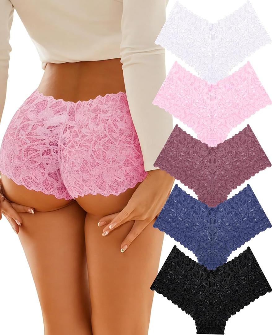 ALL OF SHE Sexy Underwear Panties for Women Cheeky V Waist Lace Boyshorts Lingerie Plus Size Underwear Gift Wife Women 5 Pack (Large, 5 Pack-sky Blue*1 White*1 Baby Pink*1 Maroon*1 Black*1)