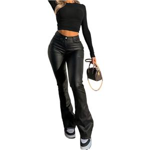 WDIRARA Women's PU Leather High Waisted Bell Bottom Flare Pants Party Club Streetwear (Black) XS 