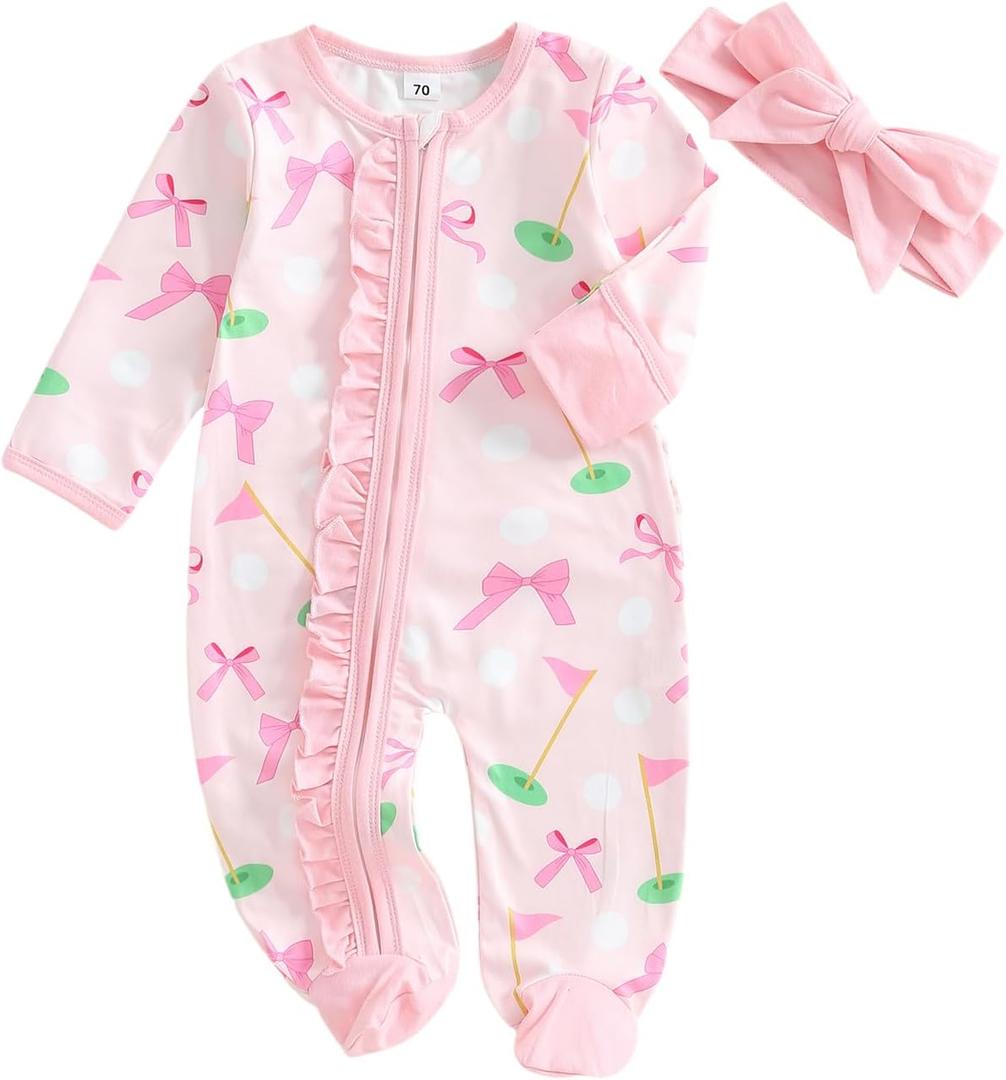 Newborn Baby Girl Golf Outfit Bow Golf Romper Long Sleeve Footed Zipper Jumpsuit Infant Fall One Piece Clothes (0-3 Months, Pink)