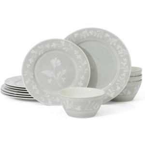 Martha Stewart Dinnerware Set - Maiden Crown 12-Piece Dish Set, Sage Green – New Bone China Ceramic Plates & Bowls – Floral Design – Service for 4 – Microwave & Dishwasher Safe