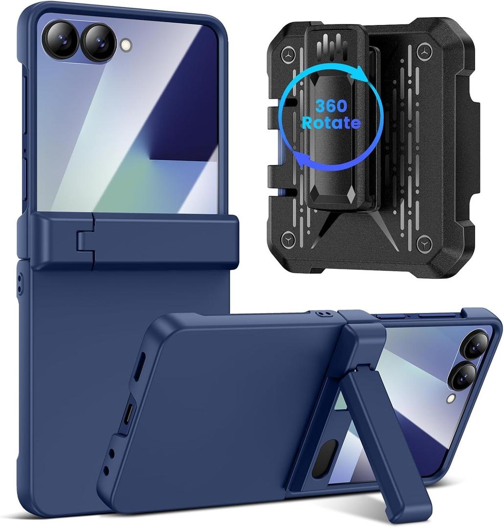 VEGO for Z Flip 7 Case with Screen Protector & Belt Clip [Hinge Protection & Foldable Kickstand] Hard PC Cover Shockproof Anti-Drop & Support Wireless Charing Case for Samsung Galaxy Z Flip 7-Blue