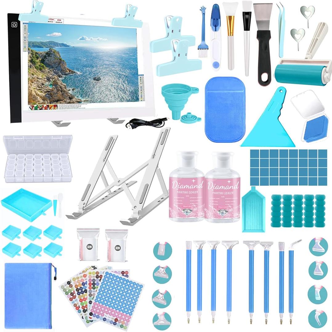 NLXCXUCY 158pcs Diamond Art Accessories Kit All-Inclusive Diamond Painting Tool Set with A4 Diamond Painting Light Pad,Diamond Art Sealer Glue,Diamond Correction,Pens Storage Box for DIY Craft (blue)
