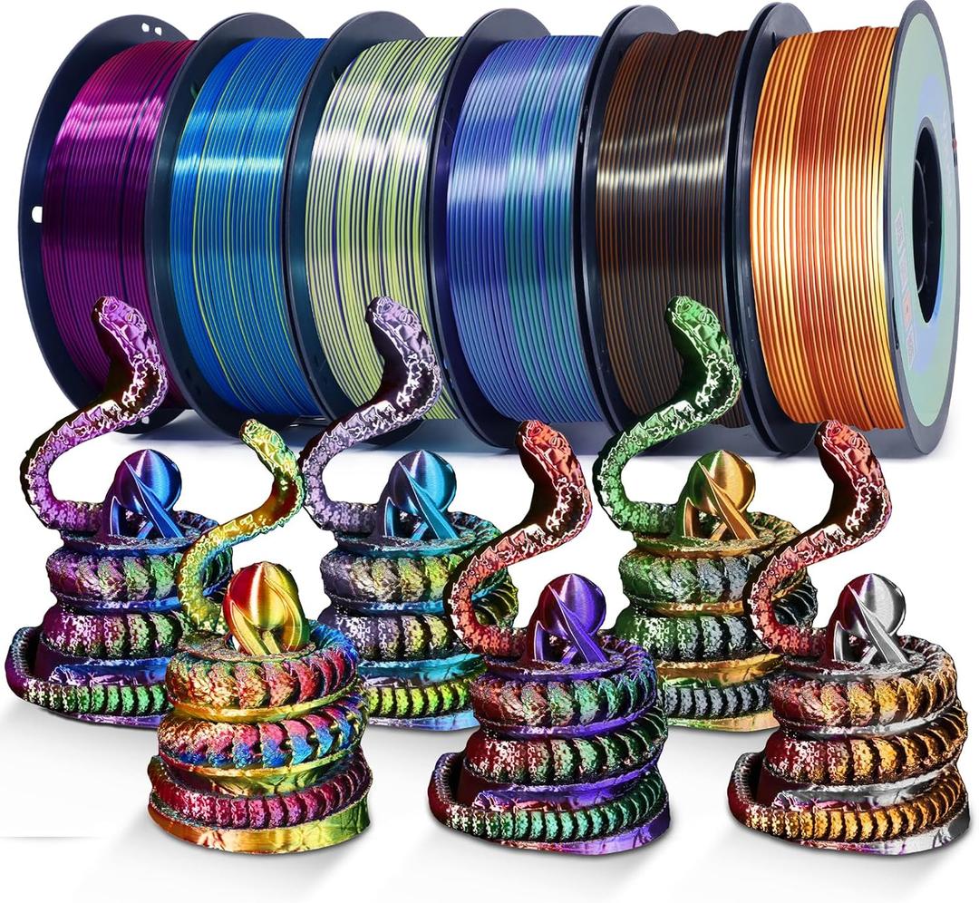 YOUSU 3D Printer Filament Silk PLA Filament Rainbow Color,1.75mm Tri Color Filament 6 * 1kg Pack.