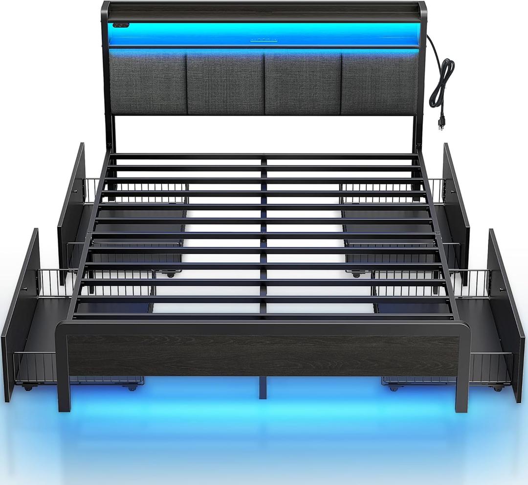 Rolanstar Bed Frame Full Size with Charging Station and LED Lights, Upholstered Storage Headboard with Drawers, Heavy Duty Metal Slats, No Box Spring Needed, Noise Free, Easy Assembly, Dark Grey