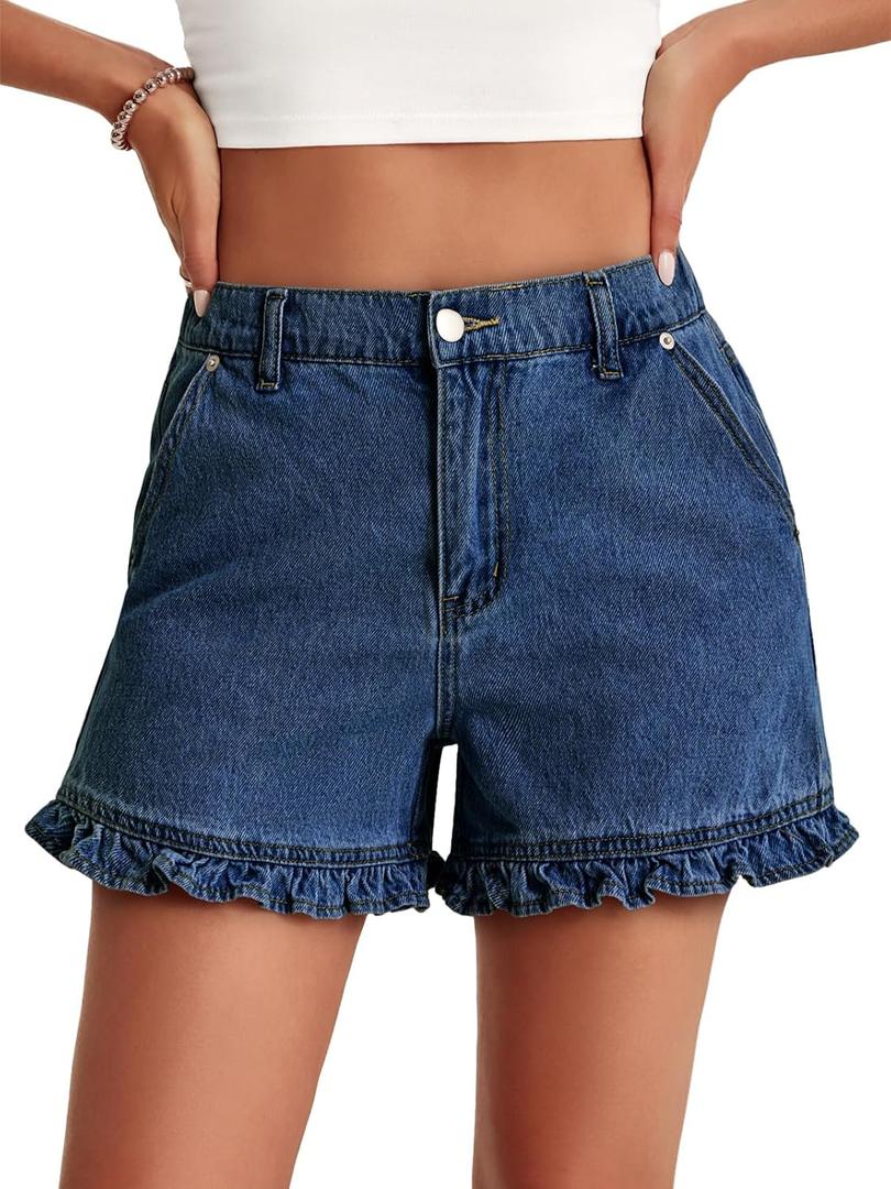Aoysky Womens Summer Ruffle Denim Shorts Cute High Waisted Cotton Short Jeans with Pockets 12
