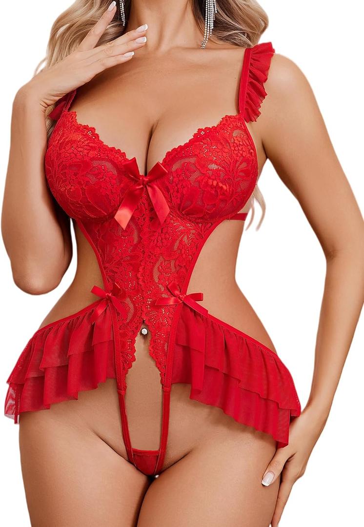 Avidlove Women Lingerie Teddy Lingeries Deep V Lace Bodysuit One Piece Mini Babydoll Exotic Outfits (Red, L)