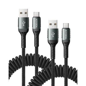 USB C Cable Coiled 6FT 2Pack, Braided USB A to Type C Charger Cable for Car 66W Fast Charging Cord Compatible with iPhone 16 15, iPad, Samsung Galaxy, Google Pixel, Moto, TCL, LG Phones