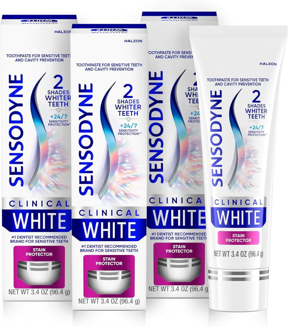 Sensodyne Clinical White Toothpaste Clinically Proven Whitening for Sensitive Teeth, Stain Protector, 3.4 oz x 3 (3.4 Ounce (Pack of 3))