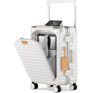 Joyway 20 Inch Carry on Luggage with Aluminium Frame and Front Pocket, PC Hardshell Suitcase with USB Port and Cup Holder, 21.5x14.2x9 Airline Approved, Luggage with Spinner Wheels and TSA Lock(White)