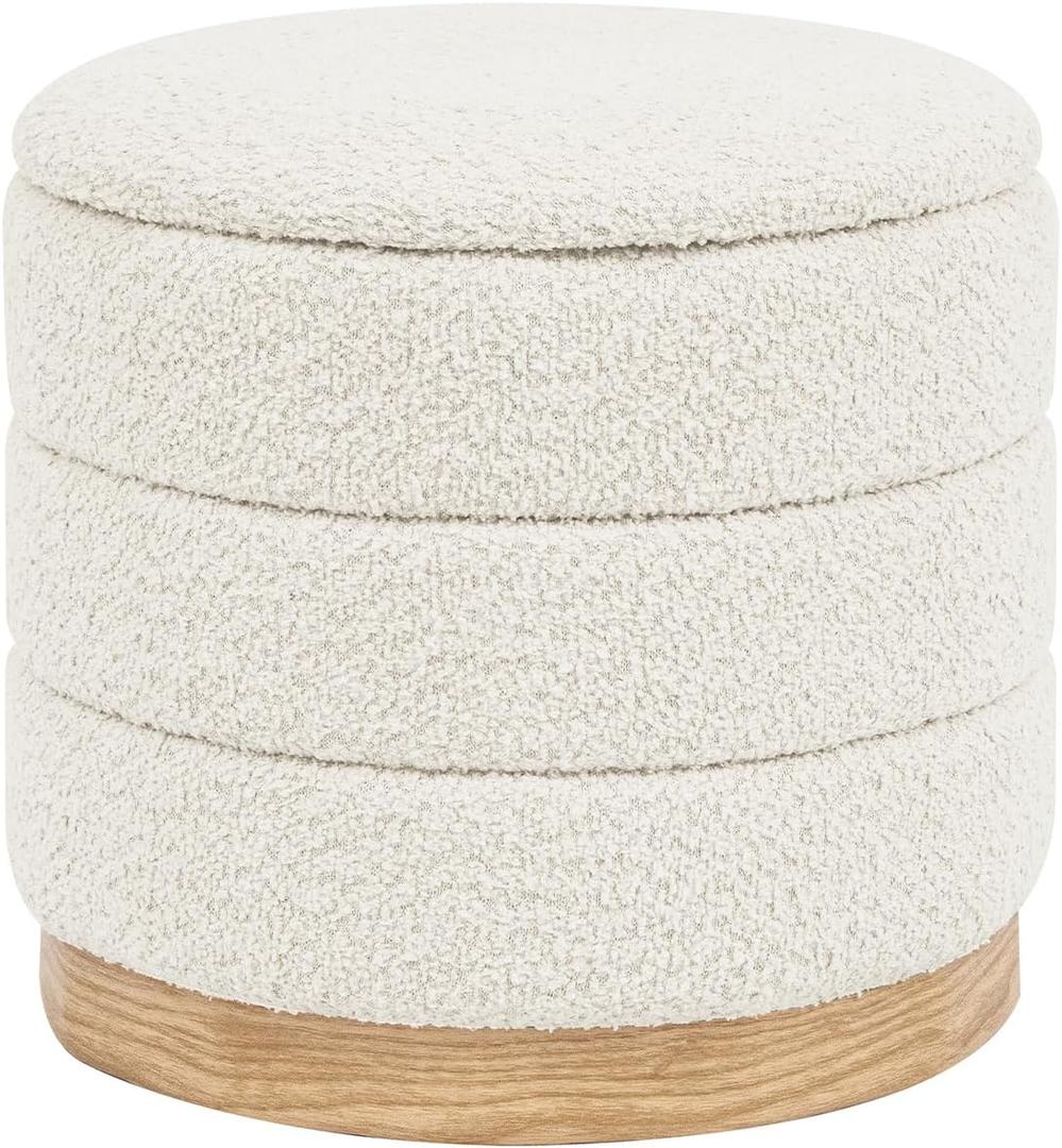 Round Storage Ottoman with Reversible Tray Lid, Folding Chenille Fabric Footrest with Hidden Storage, 15.4" Footstool for Small Spaces Living Room Bedroom, Wood Grain Base, Cream White, 15.4"D x 15.4"W x 14.6"H