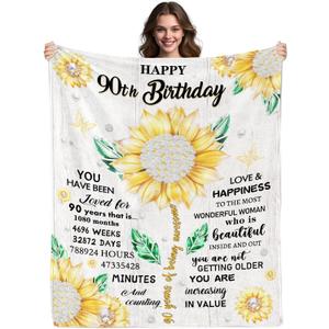 90th Birthday Gifts for Women, Gift for 90 Year Old Women, 90th Birthday Decorations Gift Ideas for Her, Turning 90 Throw Blanket, Happy 90th Blanket 80" x 60"