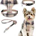 SCENEREAL No Pull Dog Harness Collar and Leash Set for Small Sized Dogs, Soft Mesh Plaid Puppy Harnesses, Pet Vest for Outdoor Walking Training and Running, Beige XS