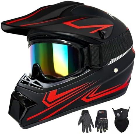 XINGSILUC Youth Kids Motocross Helmet, Adult ATV Dirt Bike Helmet with Goggles Gloves & Mask Quick, Full Face Motorcycle Helmet with Quick Release Buckle DOT Certified Size L