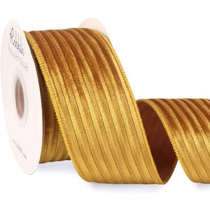 Ribbli Glossy Gold Velvet Wired Ribbon 2.5 Inch Striped Velvet Christmas Ribbon for Gift Wrapping Christmas Tree Decoration Crafts Wreaths Supplies-Continuous 10 Yards