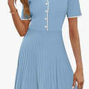 MEROKEETY Women's Summer Ribbed Knit Midi Dresses Short Sleeve V Neck Button A Line Swing Sweater Dress, Sky Blue, Large