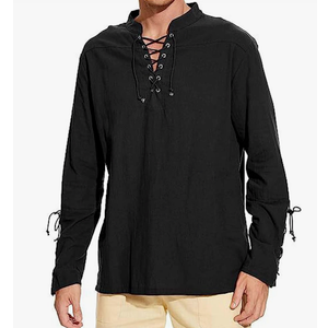 Men's Pirate Shirt Medieval Renaissance Steampunk Retro Long Sleeve Lace up T Shirt Viking Gothic Leisure Costume Top, Large
