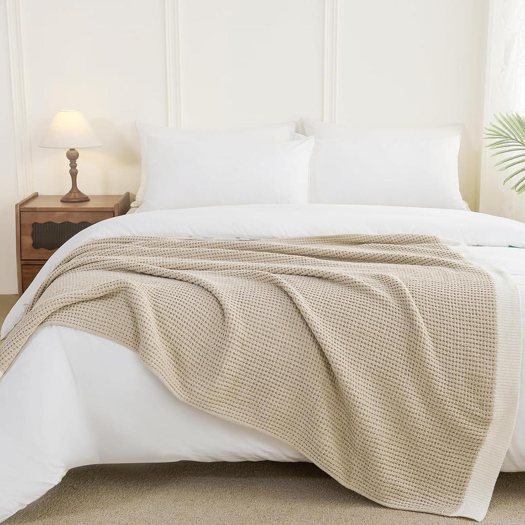 SeaRoomy Knit Throw Blanket,Super Soft Cozy Reversible Waffle Blanket,Warm Fluffy Fuzzy Plush Lightweight Double-Side Blanket for All Seasons for Couch,Sofa,Bed (Solid-Khaki,50"x70")