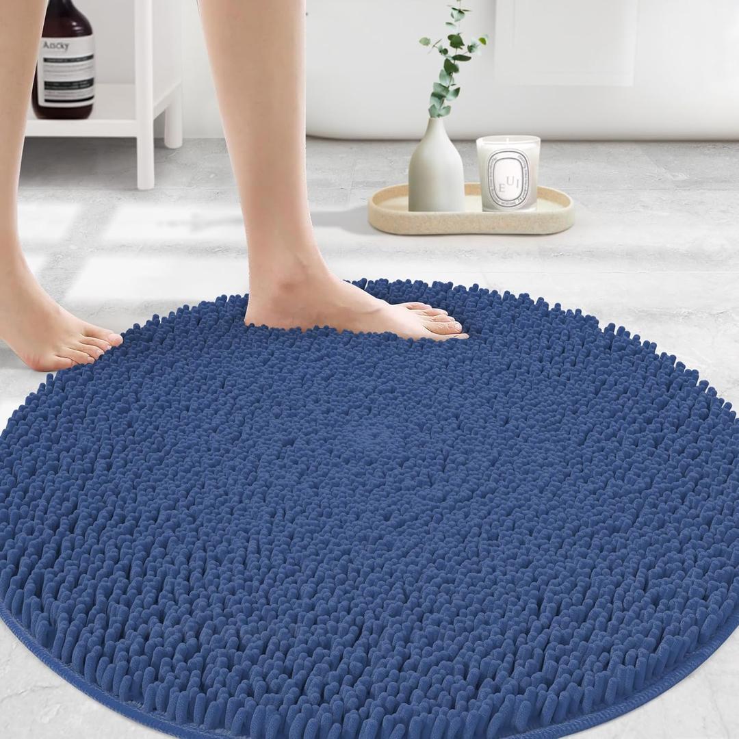 MAYSHINE Round Area Rug Set for Bathroom | Soft Plush Chenille Bath Mat, Water Absorbent Non-Slip Bathroom Rug | Washable Shag Carpet for Shower, Bedroom, or Home Dcor | 48"x48" (Round) | Dark Blue