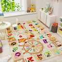 4x6 Playroom Rugs for Kids Washable, Educational and Fun Playmat with ABC Alphabet Animals Shapes Colors, Non-Slip Play Mat Learning Rugs for Baby Toddler Children Game Activity, Beige