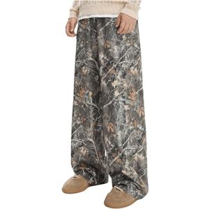 Men's Camo Print Straight Leg Pants Elastic Waist Loose Casual Trousers Streetwear (Large, Army Green)