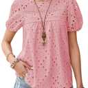 Falechay Womens Summer Tops Round Neck Hook Flower Casual Blouses for Women Dressy Casual Embroidered Eyelet Swiss Dot Babydoll Clothing Pink S (Pink, S)