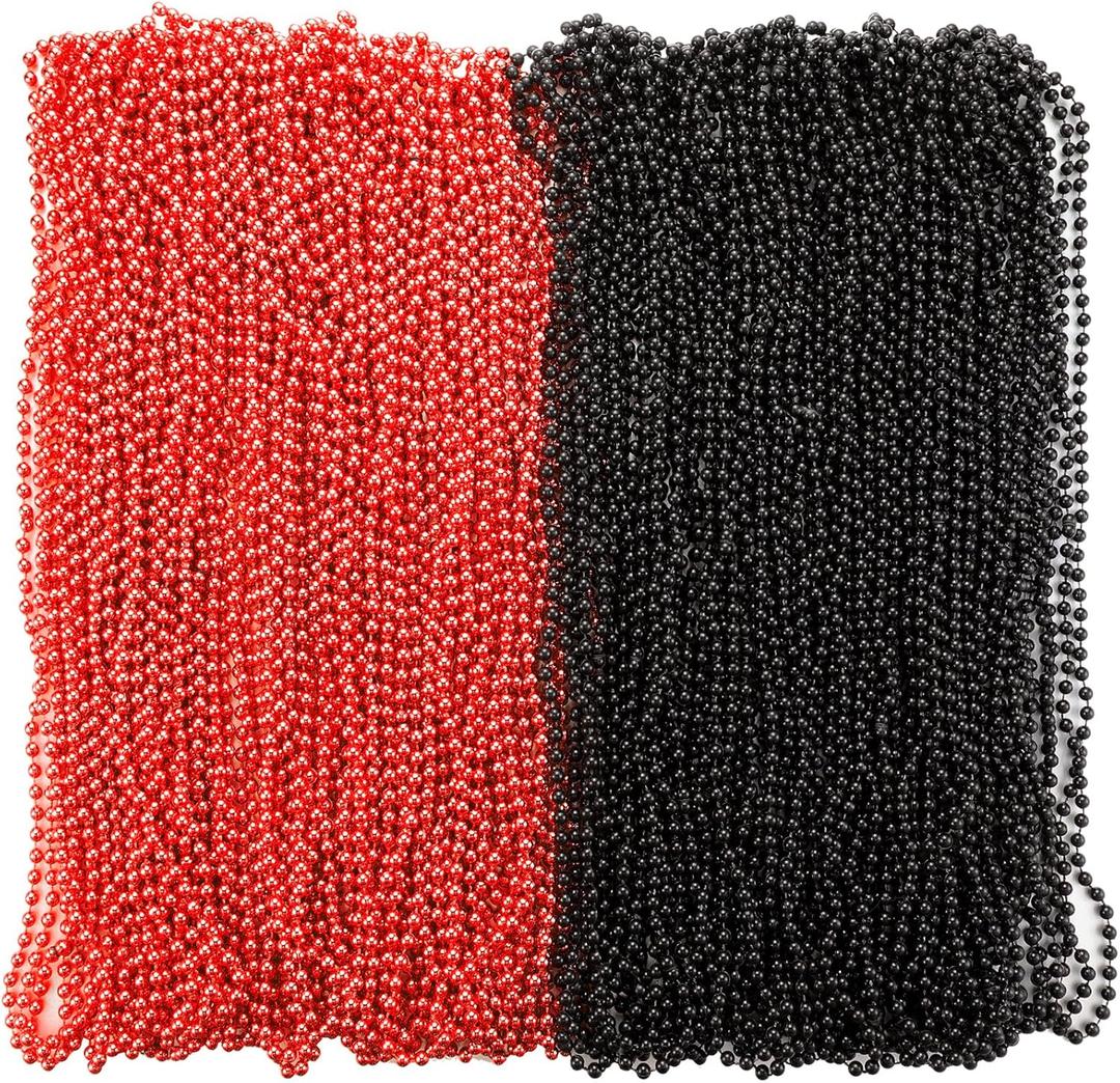 Sasylvia 100 Pcs 33 Inch 6 mm Halloween Mardi Gras Beads Necklaces Bulk, Metallic Beaded Fiesta Party Costume for Masquerade (Red, Black)