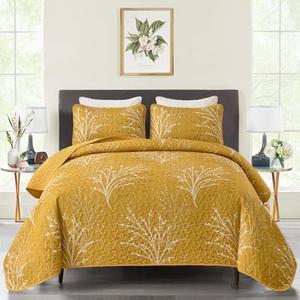 DJY Yellow Quilt Set Queen Size Branch Botanical Pattern Bedspread Coverlet Set, 3 Pieces Yellow Tree Floral Quilt Bedding Set, Soft Lightweight Microfiber Bed Cover Summer Bedding Set, 96''x90''