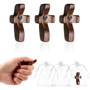 Cross My Heart Encouragement Gift, Small Wooden Pocket Cross, Handheld Prayer Cross, Fidget Cross for Stress Relief, Religious Gifts for Christians with Organza Bags (Walnut, 3pcs)