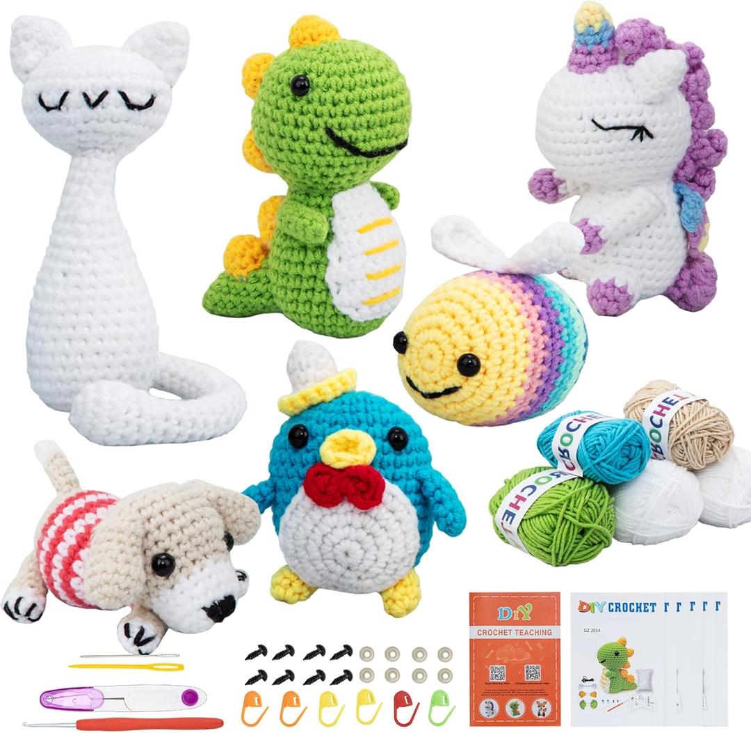 Crochet Kit for Beginners  6 PCS Crochet Animal Kit, Knitting Beginners Kids Kit with Step by Step Videos, Yarn, Crochet Hook, Great Birthday Holiday Gift (Knitting Kit 2)