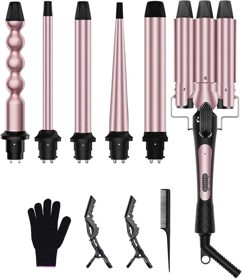 6 in 1 Curling Iron, Curling Wand Set with 3 Barrel Hair Crimper and 5 Interchangeable Ceramic Hair Curler (0.35"-1.25”), Instant Heat Up 2 Temp Wand Curler, Include Heat Protective Glove & 2 Clips