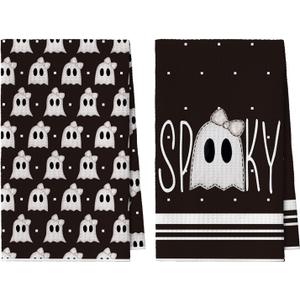 2 x Artoid Mode Black Ghost Spooky Halloween Kitchen Towels Dish Towels, 18x26 Inch Quick Dry Microfiber Cloth Hand Towels for Kitchen Drying Set of 2