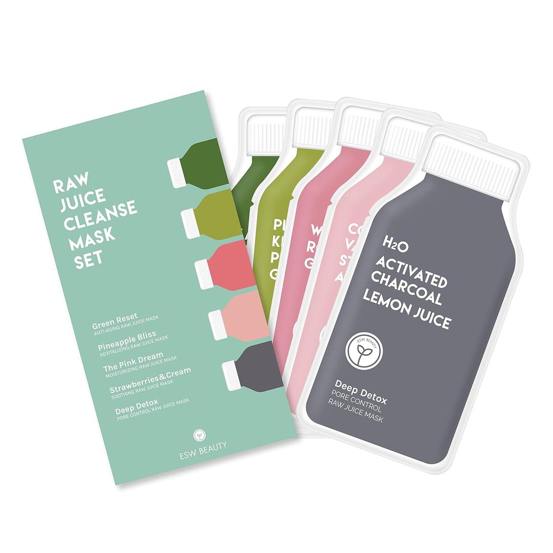ESW Beauty Raw Juice Face Masks - 5-Pack Skincare Set - Hydrating, Anti-Aging, Moisture Repair, Pore Control, Soothing & Revitalizing with Watermelon, Kale & Charcoal