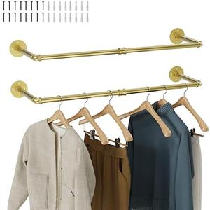 RSFMAS Wall Mounted Clothes Rack 2 Pack, Industrial Pipe Clothing Rack 28 Inch Gold, Wall Clothes Hanger for Bedroom, Cloakroom, Closet, Hallway, Boutique Display, Drying Racks Wall-Mount for Laundry