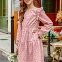 DOKOTOO KIDS Girls Vintage Puff Long Sleeve Ruffle Dresses with Two Side Pockets for 6-13 Years, Fall/Spring/Summer (Pink, XL)