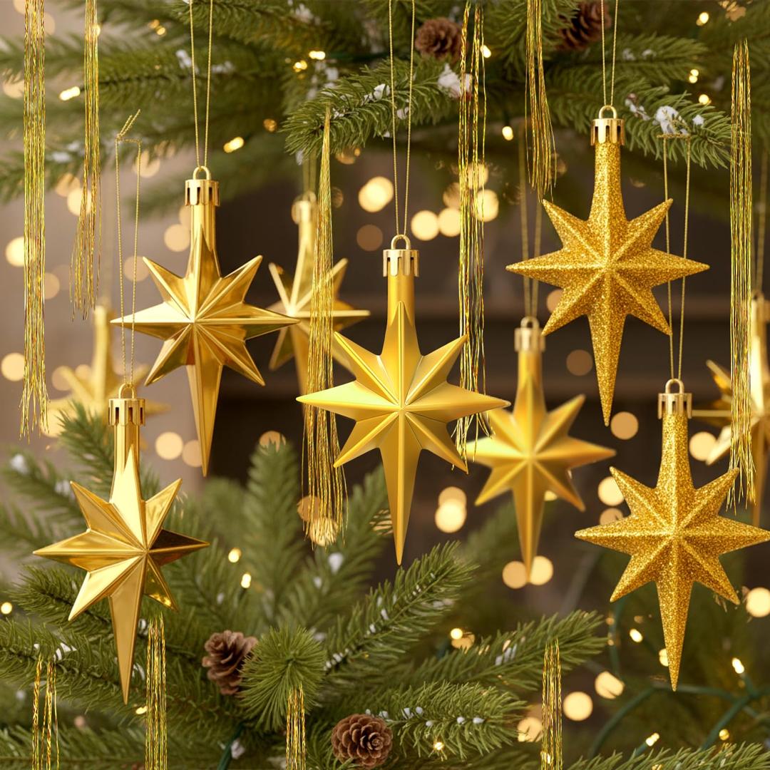 Soulchen 10024 Pcs Gold Bethlehem Star Ornament Christmas Tree Decorations Set Includes 24 Pcs 3.14 Inch Plastic Star of Bethlehem Nativity Ornament 10000 Strands Tinsel Icicles for Xmas Home Decor