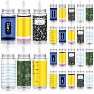 Meanplan 24 Sets End of Year Gifts Back to School Plastic Cups with Lids and Straws Bulk 14 oz Reusable Crayon Composition Book Notebook Tumbler for Preschool Kindergarten First Day of School Party
