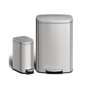 Garvee 13 gal (50 L) and 2.6 gal (10 L) Stainless Steel Trash Can Combo Set, Rustproof Garbage Can with Lid for Kitchen and Bathroom, Step-on Trash Bin with Inner Bucket, Rear Handle, Silver