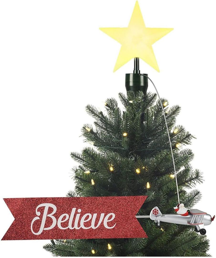 Mr. Christmas Animated White Santa's Bi-Plane Christmas Tree Topper with Banner, Illuminated LED Star, Velcro Straps to Easily Attach, 21.75 Inches