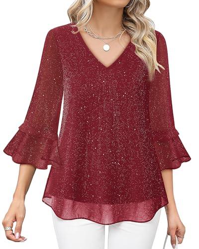 Bebonnie Fall Shirts for Women 2025: Feminine Sparkly Sequin Dressy Blouses for Women Glitter Party Plus Size Tops for Evening Wear Christmas Tunic Tops for Women Loose Fit Dressy Shirts Wine, XXXL