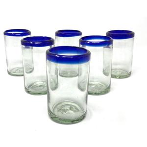 Hand Blown Mexican Drinking Glasses - Set of 6 Juice Glasses with Cobalt Blue Rims (8 oz each)