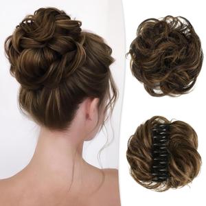 Claw Clip Messy Bun Hair Piece 100% Real Human Hair Buns Curly Chignon Hair Bun Extensions Wavy Tousled Updo Hair Buns Claw Clip Ponytail Hairpieces for Women(Dark Brown with Light Golden Brown) (40g)