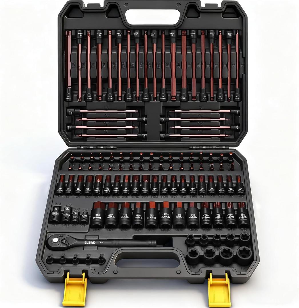 112-Piece Torx and Allen Bit Socket Set, 1/4", 3/8",1/2" Drive Bit Socket Set with Ratchet Wrench, Adapters, Extra Long & Tamper Proof torx/Hex/Ball End Hex/E-torx, SAE & Metric