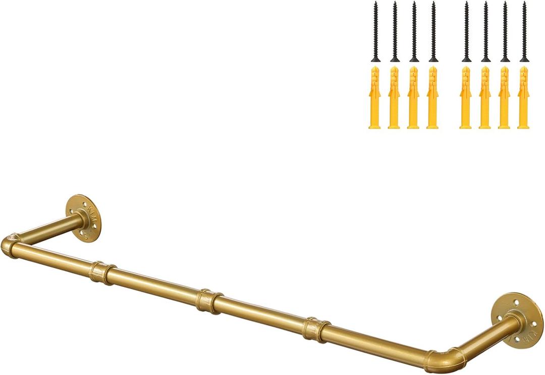 Industrial Gold Pipe Clothing Rack, Wall Ceiling Mounted Clothes Garment Rack 40'', Iron Golden Pipe Clothes Hanging Bar, Heavy Duty Metal Rod for Retail Display Closet Storage (37 inches)
