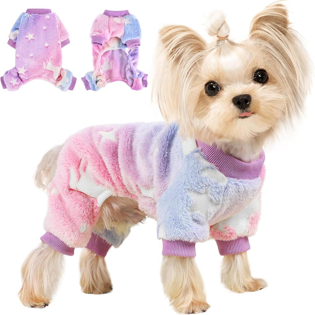 Dog Sweaters for Small Dogs Winter Pet Clothes Puppy Clothes Boy Girl Fleece Dog Pajamas Jumpsuits Doggie Outfits for Chihuahua Yorkie Cat Apparel, Star Pink, Small, Chest 17in 